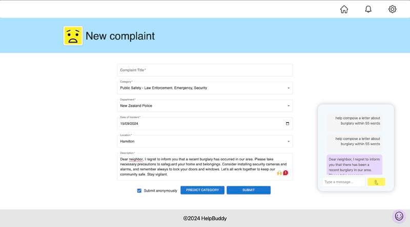 HelpBuddy! Simplifying complaint processes using AI for vulnerable populations in New Zealand. Built with OpenAI API and MERN Stack.